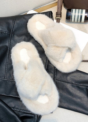 Winter House Women Fur Slippers Fashion Cross Band Warm Plush Ladies Plush Shoes Cozy Open Toe Indoor Fuzzy Slides For Girls
