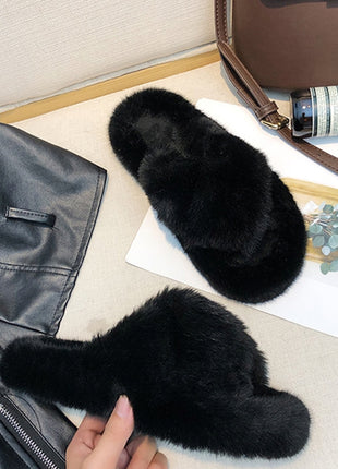 Winter House Women Fur Slippers Fashion Cross Band Warm Plush Ladies Plush Shoes Cozy Open Toe Indoor Fuzzy Slides For Girls