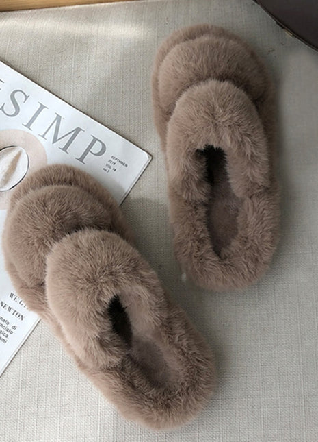 Winter House Women Fur Slippers Fashion Cross Band Warm Plush Ladies Plush Shoes Cozy Open Toe Indoor Fuzzy Slides For Girls
