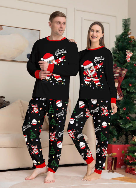 Christmas-themed Family Matching Pajama Set with Santa Claus Light-Up Letter Print, Cozy Home Wear for Kids and Adults