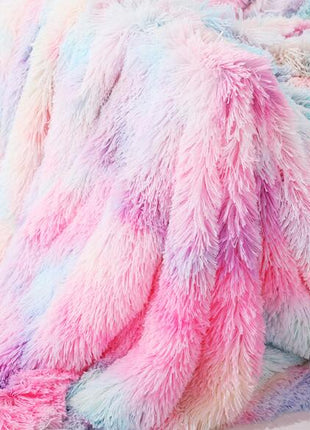 Rainbow Plush Super Soft Blanket Colorful Bedding Sofa Cover Furry Fuzzy Fur Warm Throw Cozy Couch Blanket for Winte