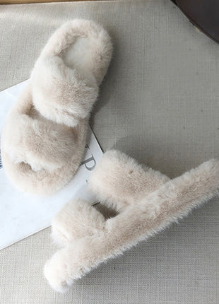 Winter House Women Fur Slippers Fashion Cross Band Warm Plush Ladies Plush Shoes Cozy Open Toe Indoor Fuzzy Slides For Girls