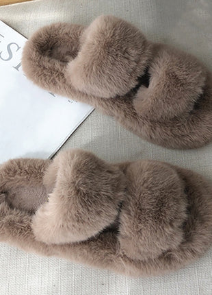 Winter House Women Fur Slippers Fashion Cross Band Warm Plush Ladies Plush Shoes Cozy Open Toe Indoor Fuzzy Slides For Girls