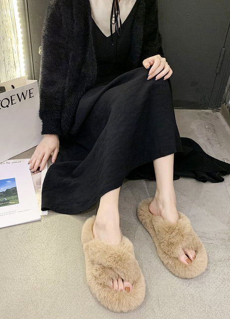 Winter House Women Fur Slippers Fashion Cross Band Warm Plush Ladies Plush Shoes Cozy Open Toe Indoor Fuzzy Slides For Girls
