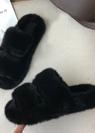 Winter House Women Fur Slippers Fashion Cross Band Warm Plush Ladies Plush Shoes Cozy Open Toe Indoor Fuzzy Slides For Girls