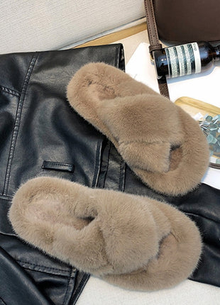 Winter House Women Fur Slippers Fashion Cross Band Warm Plush Ladies Plush Shoes Cozy Open Toe Indoor Fuzzy Slides For Girls