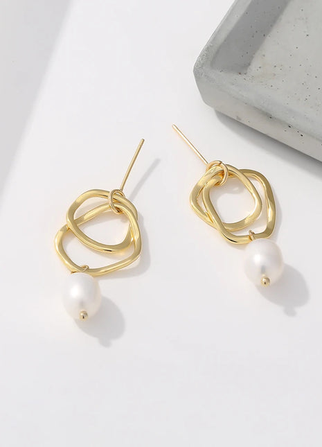 Geometric Drop Natural Pearl Earrings